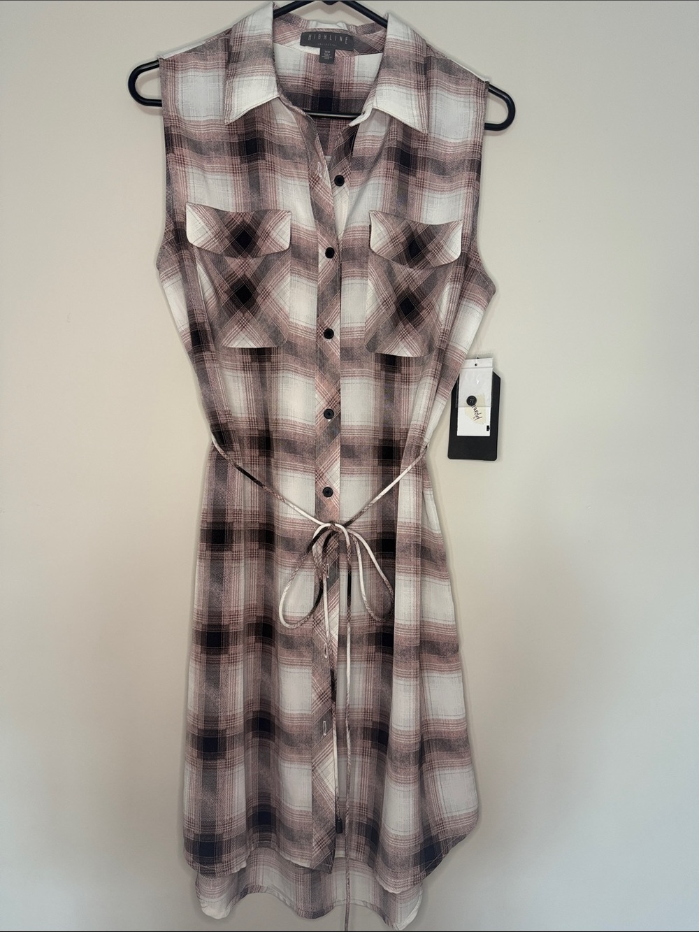 Highline Sleeveless Plaid Shirt Dress in Blush and Black